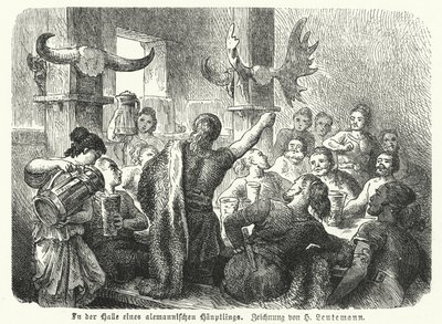 Feest in de hal van een Germaanse stamhoofd (gravure) door Heinrich Leutemann
