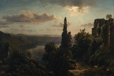 Uitzicht op het Nemimeer in het Albaanse gebergte bij Rome door Heinrich Louis Theodor Gurlitt