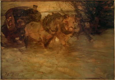 Postkoets in de sneeuw door Heinrich von Zügel
