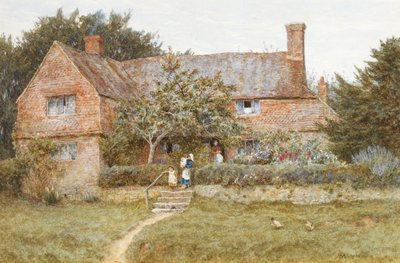 Een cottage in Surrey met een moeder en haar kinderen door Helen Allingham