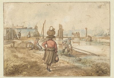 Rivierlandschap met een vrouw met een mand op haar hoofd, vissers en andere figuren bij de muren van een stad door Hendrick Avercamp