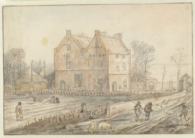 Gezicht op een landhuis met zaaigoed in het veld door Hendrick Avercamp