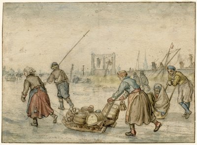 Winterlandschap met twee vrouwen en een slee en andere figuren op het ijs, een galg in de verte door Hendrick Avercamp