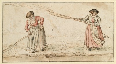 Twee vrouwen met schoppen door Hendrick Avercamp