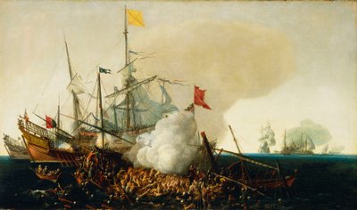 Spaanse oorlogsschepen in gevecht met Barbarijse zeerovers door Hendrick Cornelisz Vroom