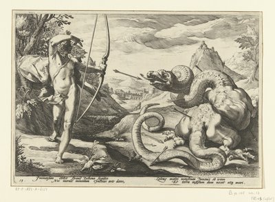 Apollo doodt de reuzenslang Python door Hendrick Goltzius (workshop of)