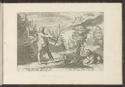 Arcas richt zijn pijl op Callisto door Hendrick Goltzius (workshop of)