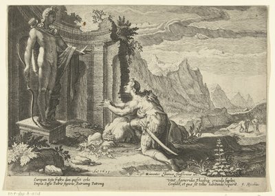 Cadmus vraagt het orakel van Delphi wat hem te doen staat nu hij zijn zuster Europa niet heeft kunnen vinden door Hendrick Goltzius (workshop of)