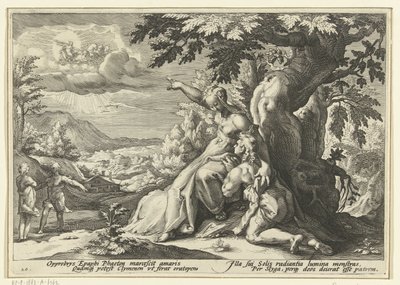 Clymene wijst Phaëthon zijn vader, de zonnegod door Hendrick Goltzius (workshop of)