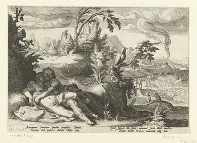 Corvus betrapt het meisje Coronis door Hendrick Goltzius (workshop of)