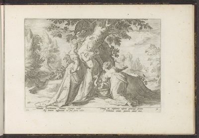 Dochters van Cecrops openen de mand van Minerva door Hendrick Goltzius (workshop of)