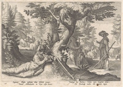 Mercurius verandert Battus in een steen door Hendrick Goltzius (workshop of)