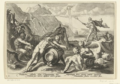 Neptunus en de riviergoden veroorzaken een zondvloed door Hendrick Goltzius (workshop of)