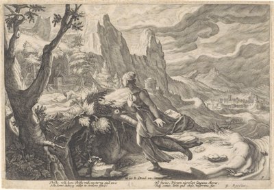 Thisbe vlucht voor de leeuwin (Metamorfosen van Ovidius) door Hendrick Goltzius (workshop of)