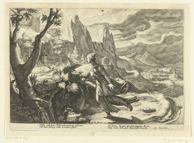 Thisbe vlucht voor een leeuw door Hendrick Goltzius (workshop of)