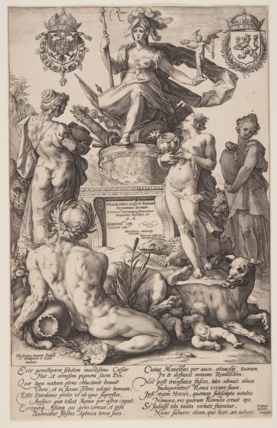 Allegorie van Rome, titelplaat uit De Romeinse Helden door Hendrick Goltzius
