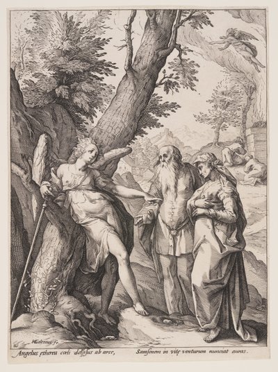 Engel met Manoach en zijn vrouw door Hendrick Goltzius