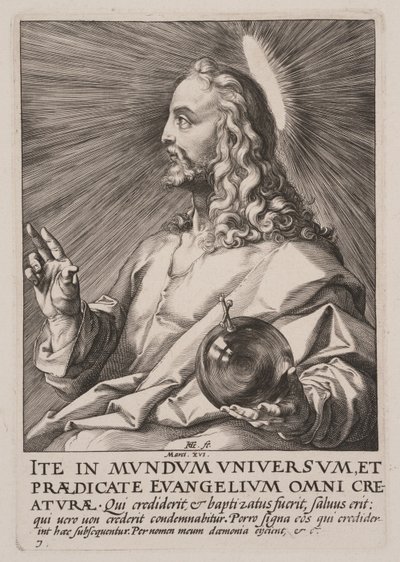 Christus (als Salvator Mundi), van Christus, de Apostelen en Paulus met de Geloofsbelijdenis door Hendrick Goltzius