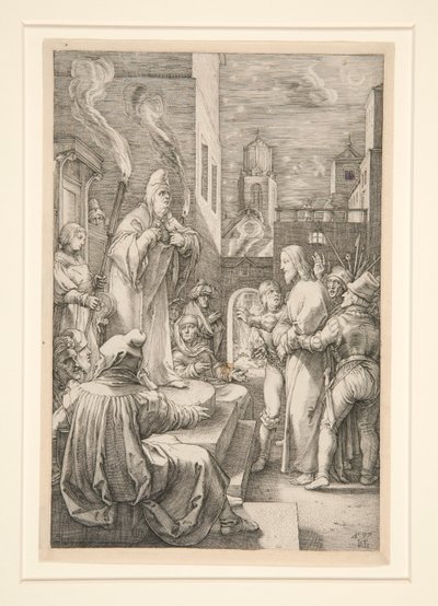 Christus voor Caiphas, uit De Passie, nr. 4 in een serie van 12 gravures door Hendrick Goltzius