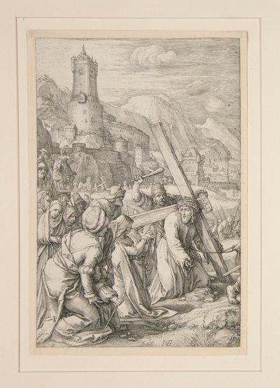 Christus draagt het kruis, #9 uit De Passie, een serie van 12 gravures door Hendrick Goltzius