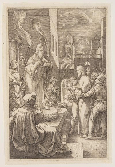 Christus voor Kajafas, uit De Passie door Hendrick Goltzius