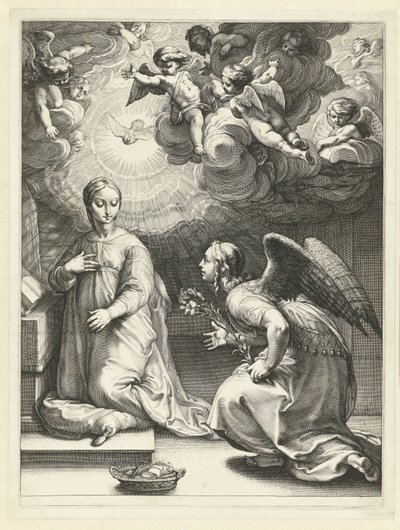 De annunciatie (Het vroege leven van Maria, Meesterstukken) door Hendrick Goltzius