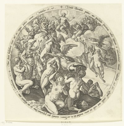 De gezegenden worden ontvangen in de hemel door Hendrick Goltzius
