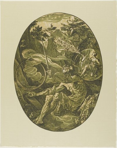 Demogorgon in de grot van de eeuwigheid, plaat één uit Demogorgon en de goden door Hendrick Goltzius