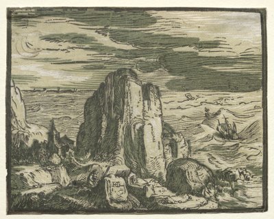 Vier Kleine Landschappen: Nr. 4, Klif aan de Kust door Hendrick Goltzius