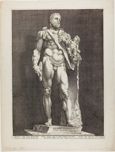 Hercules en Telephos, plaat twee uit Drie Beroemde Antieke Beelden door Hendrick Goltzius