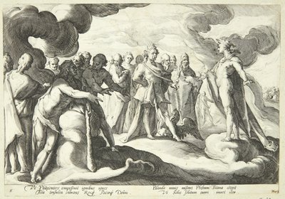 Jupiter en de goden vragen Helios om de controle over de zonnewagen te hervatten door Hendrick Goltzius