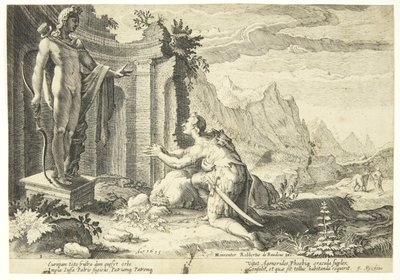 Kadmos vraagt het orakel in Delphi waar hij zijn zus Europa kan vinden door Hendrick Goltzius