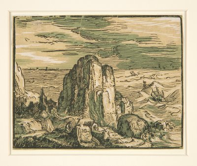 Landschap met klif aan de kust door Hendrick Goltzius