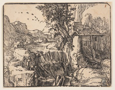 Landschap met waterval door Hendrick Goltzius