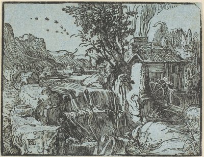 Landschap met een waterval, uit Vier kleine landschappen door Hendrick Goltzius