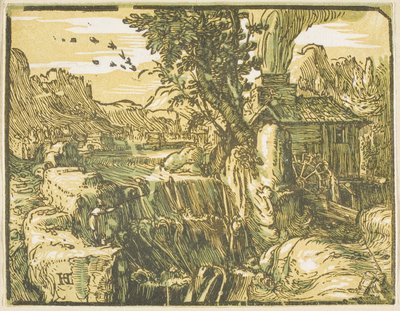 Landschap met een waterval, uit Vier kleine landschappen door Hendrick Goltzius