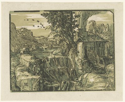 Landschap met waterval (Vier kleine landschappen) door Hendrick Goltzius