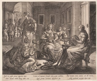 Lucretia en haar vrouwen spinnen, uit Het verhaal van Lucretia door Hendrick Goltzius