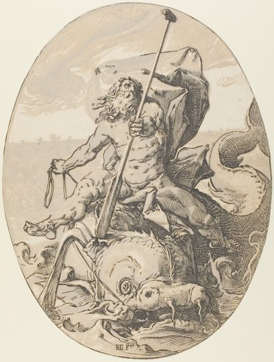 Oceanus, plaat twee uit Demogorgon en de goden door Hendrick Goltzius