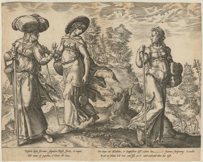 Orpa neemt afscheid van Ruth en Naomi [blad 1] en Ruth in het veld bij Boaz [blad 2], blad 1 en 2 van de serie "Het verhaal van Ruth" door Hendrick Goltzius