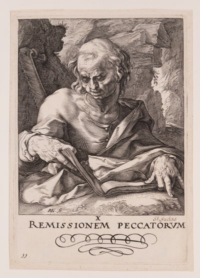 Simon, van Christus, de apostelen en Paulus met de geloofsbelijdenis door Hendrick Goltzius