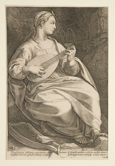 De negen muzen: Terpsichore, #5 in een serie van 9 door Hendrick Goltzius
