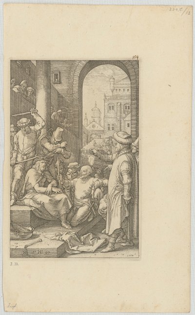 De bespotting van Christus, blad 7 uit de serie „De Passie“ door Hendrick Goltzius