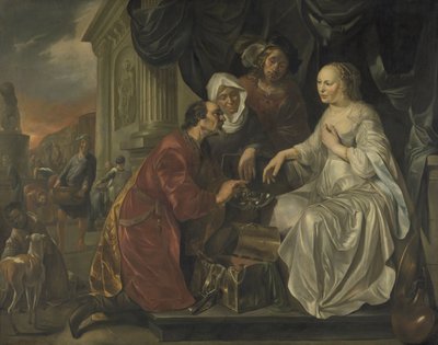 Rebecca ontvangt geschenken van Abrahams dienaar door Hendrick Heerschop