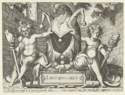 Twee putti met een narrenkap door Hendrick Hondius (I)