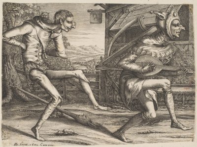 Twee dwazen dansen uit Twee en drie dwazen van het carnaval, 1642 door Hendrick Hondius I