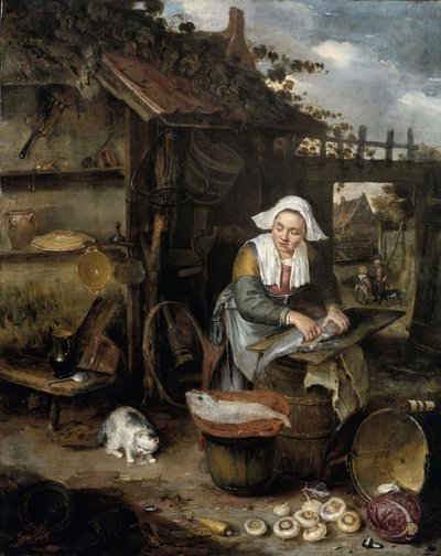 Een huisvrouw in een binnenplaats maakt vissen schoon door Hendrick Potuyl