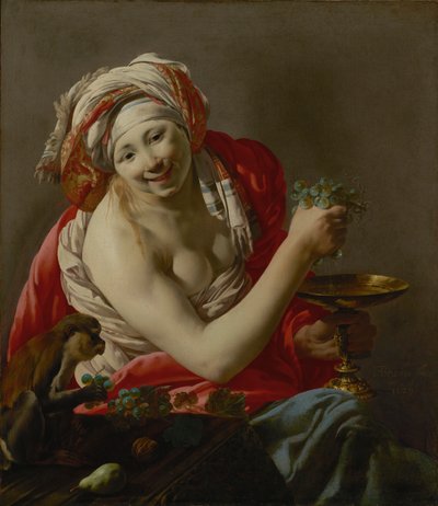 Bacchante met een Aap door Hendrick ter Brugghen