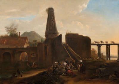 Reizigers in rust bij klassieke ruïnes, 1663 door Hendrick Verschuring