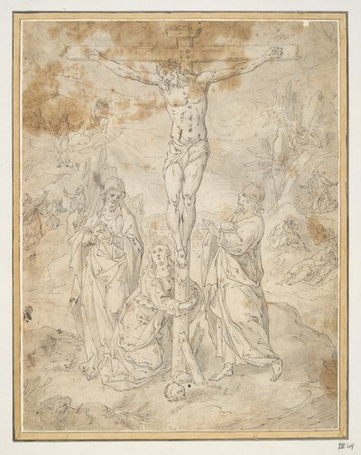 Christus aan het kruis tussen de Maagd en Sint Jan met scènes van de Passie op de achtergrond door Hendrick de Clerck